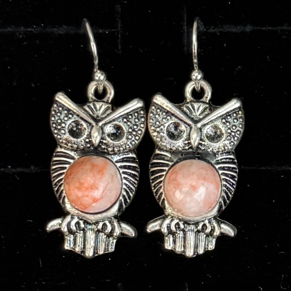 Silvertone and Pink Accent Owl Pieced Earrings